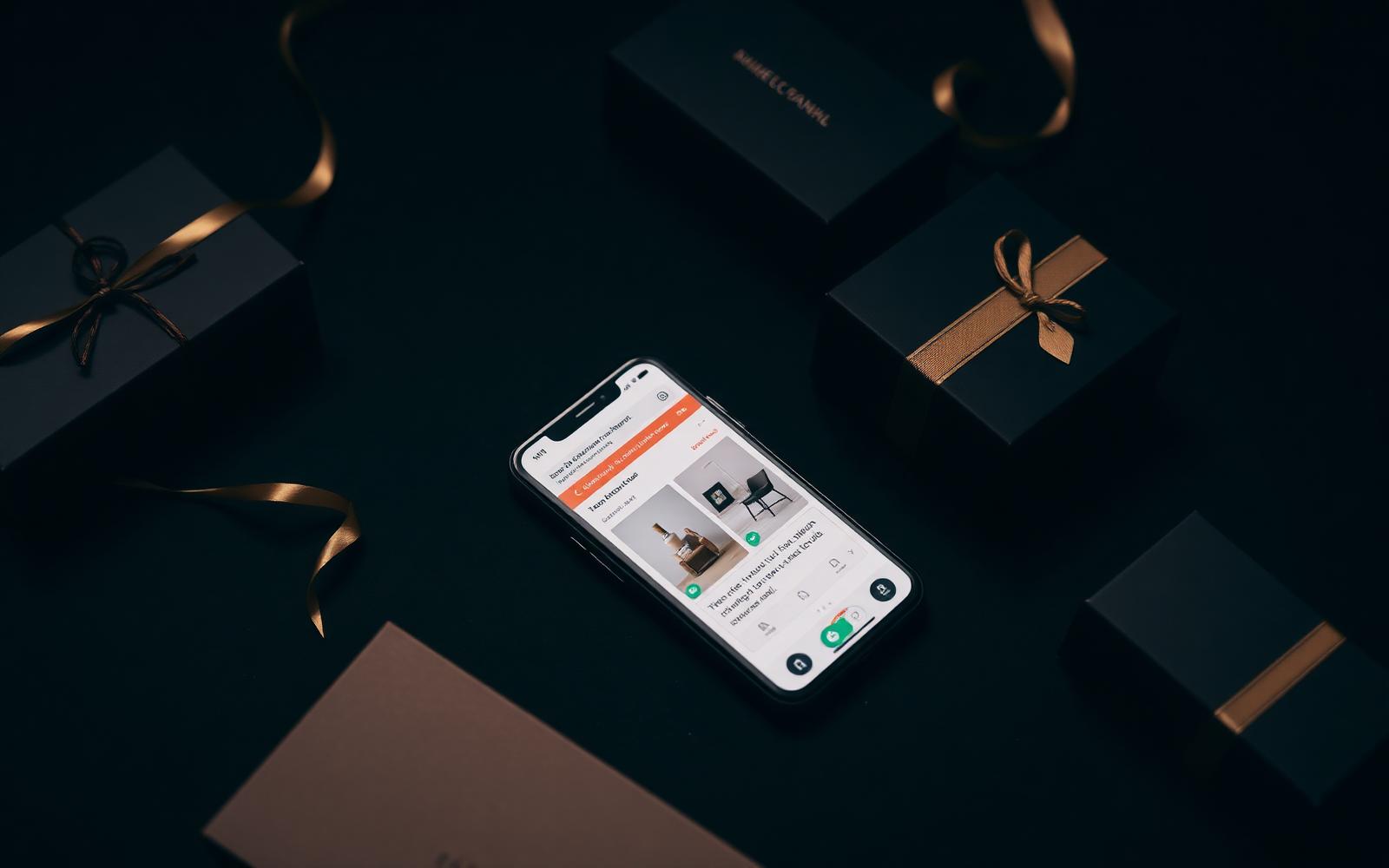 Premium product packaging with a phone showing an online store