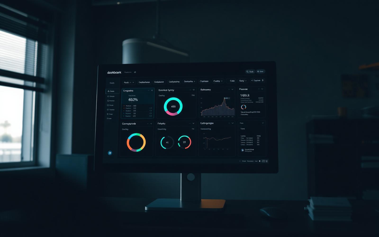 Business dashboard interface on a monitor in a dark office