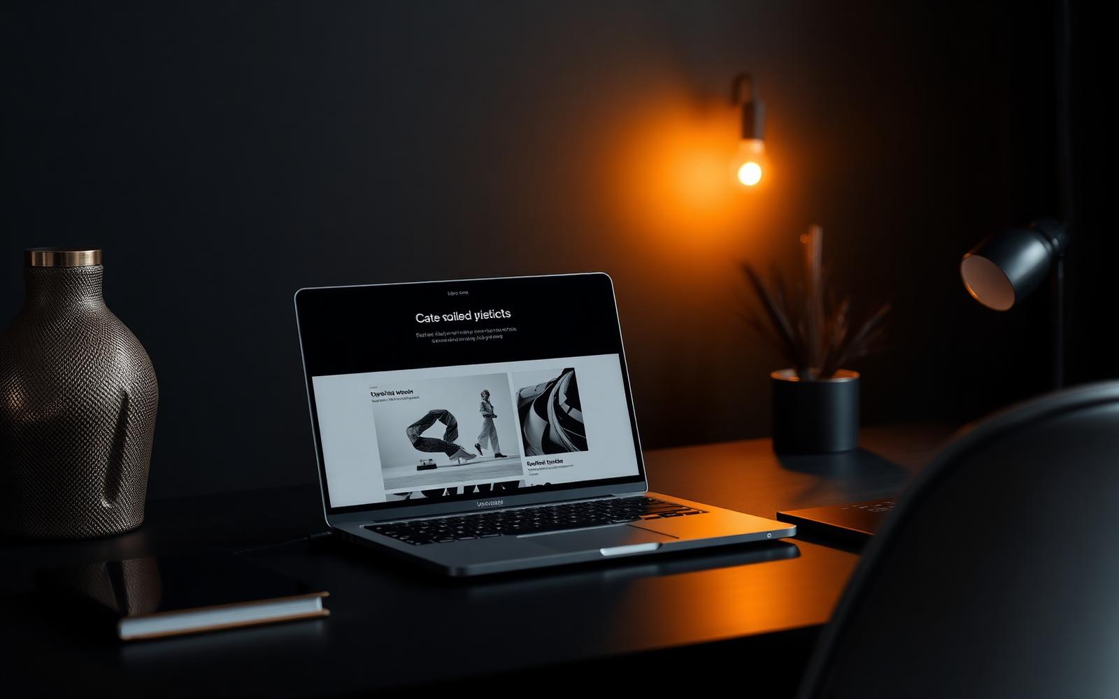 Laptop displaying a minimal website layout on a dark desk